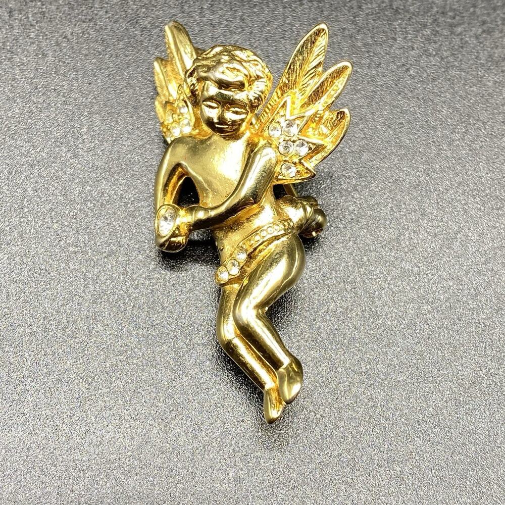 Vintage Weingeroff Rhinestone Angel Cherub Brooch Pin Gold Tone